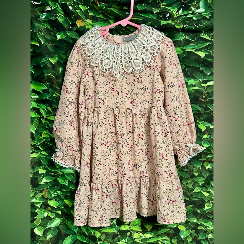 Pheasant Floral Dress Long Sleeve Polyester Peach Pink Girls 4-5